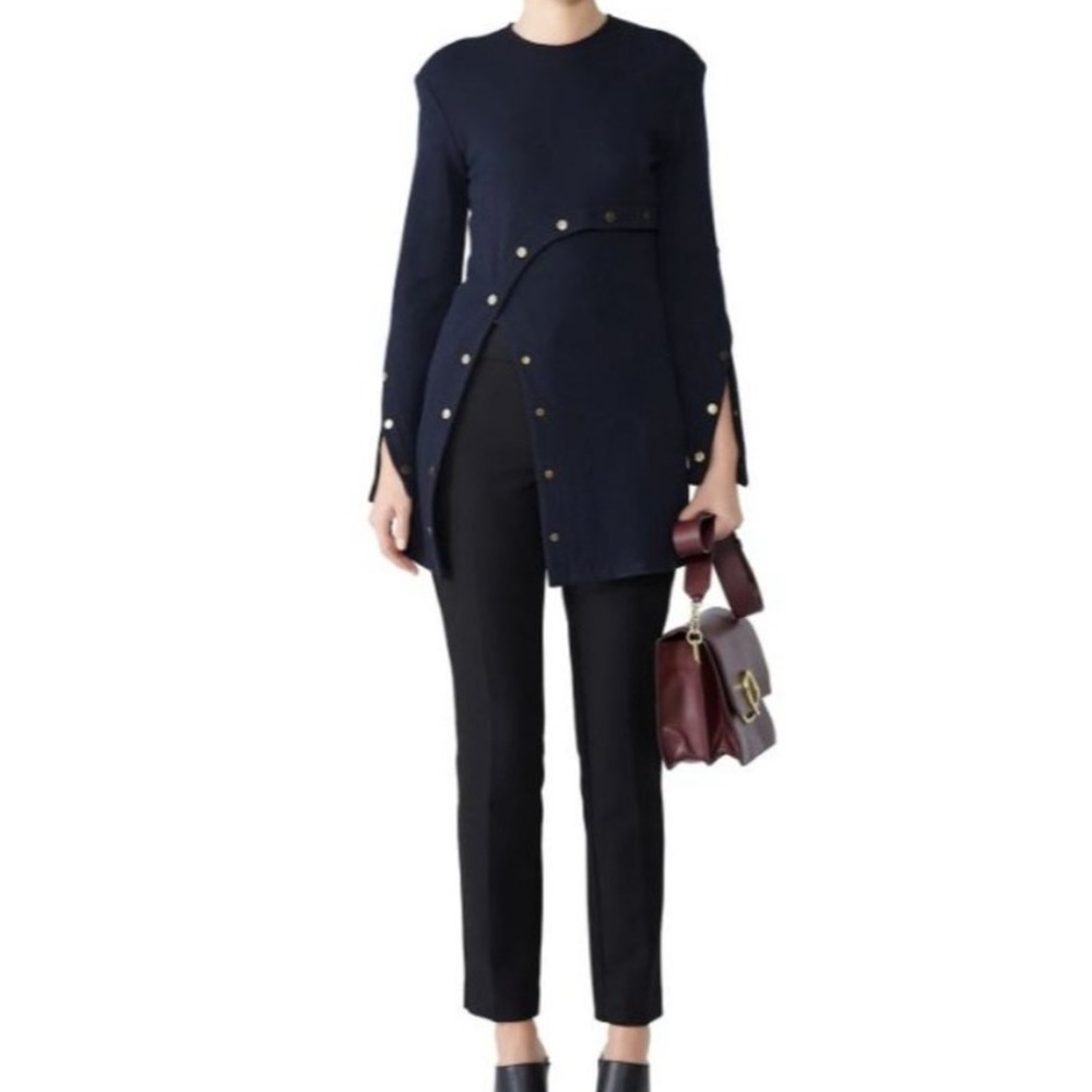 Derek Lam Snapped Long Sleeve Wool Crepe Tunic Top dark blue, size US 4 - Picture 2 of 16